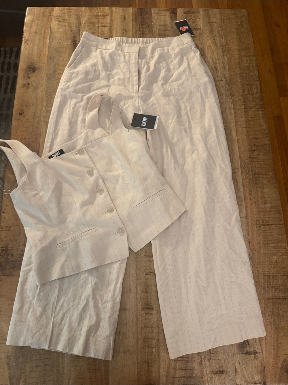 DKNY Cream Pinstripe Wide-Leg Linen Blend Pants suit set matching tank vest NWT